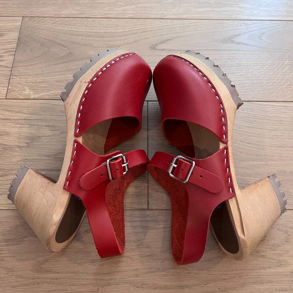 Red Leather Mia "Abba" Heeled Clogs